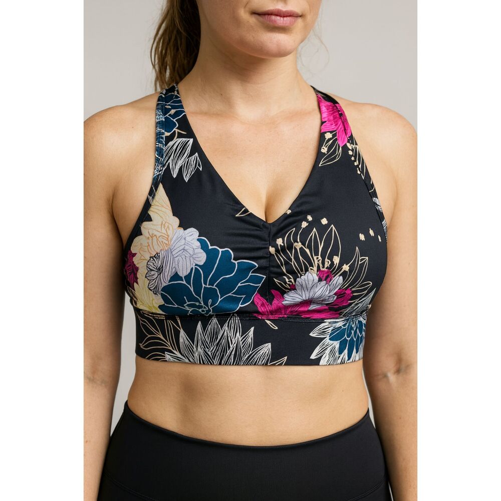 Women’s L Blue Floral Racerback Fitness Bra Wide Band, Removable Padded Cups #V